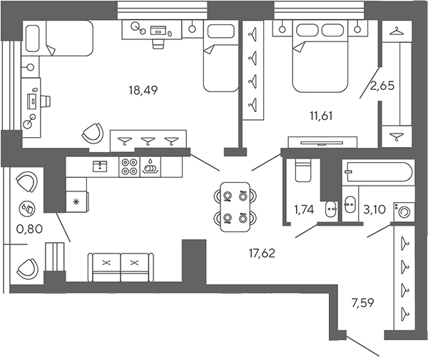 Планировка евротрёшка (3Е) 63.6 м² в ЖК «Экоквартал Гармония», корпус 1.2