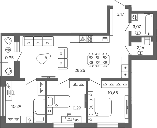 Планировка трёхкомнатная 68.83 м² в ЖК «Экоквартал Гармония», корпус 1.3