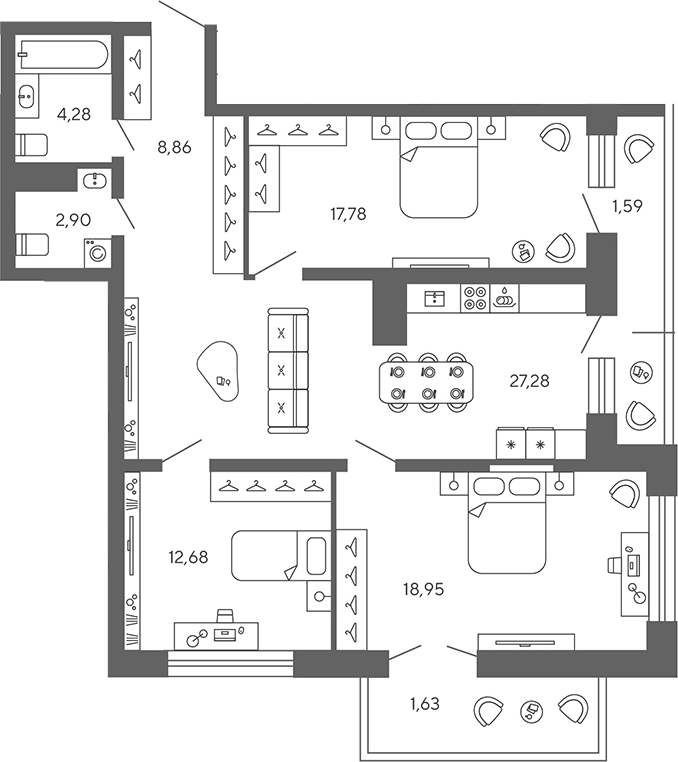 Планировка евро-4 (4Е) 95.95 м² в ЖК «Экоквартал Гармония», корпус 1.2