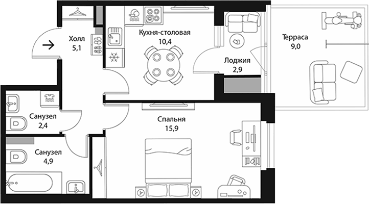 Планировка однокомнатная 42.9 м² в ЖК «Экография», корпус 2