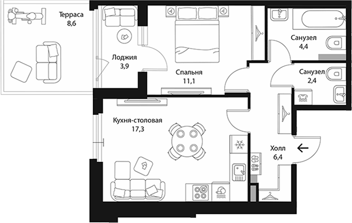 Планировка евродвушка (2Е) 46.2 м² в ЖК «Экография», корпус 2
