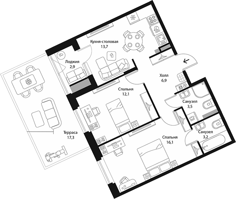 Планировка двухкомнатная 62.2 м² в ЖК «Экография», корпус 2