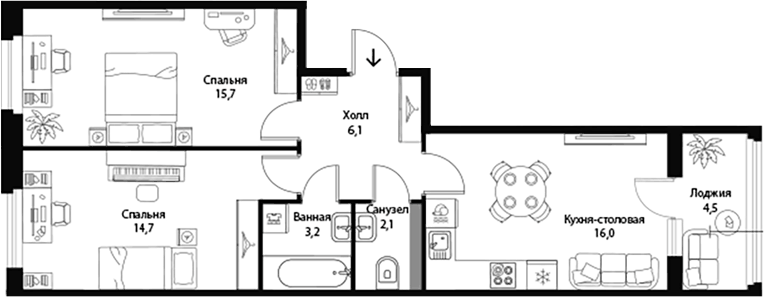 Планировка евротрёшка (3Е) 60.1 м² в ЖК «Экография», корпус 1