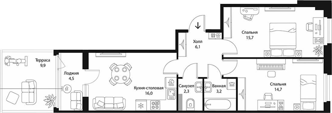 Планировка евротрёшка (3Е) 63.3 м² в ЖК «Экография», корпус 2