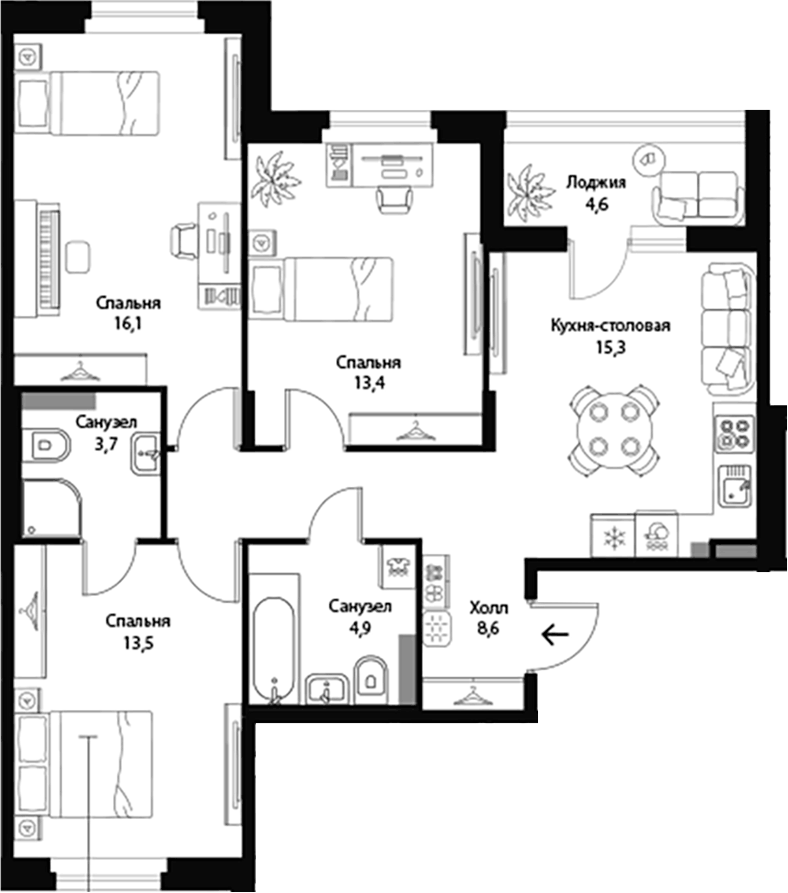Планировка евро-4 (4Е) 77.8 м² в ЖК «Экография», корпус 1