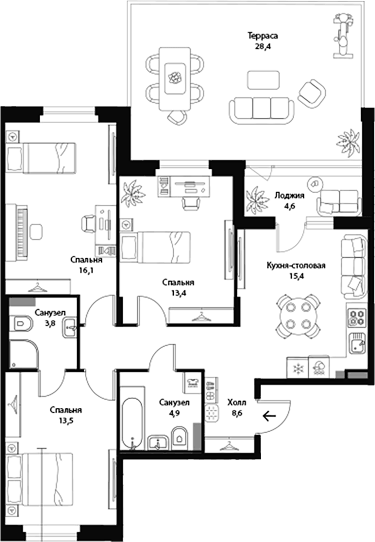 Планировка евро-4 (4Е) 86.5 м² в ЖК «Экография», корпус 1