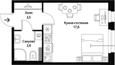 Планировка Студии 24.7 м² в ЖК «Экография», корпус 6