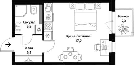 Планировка Студии 25.3 м² в ЖК «Экография», корпус 6