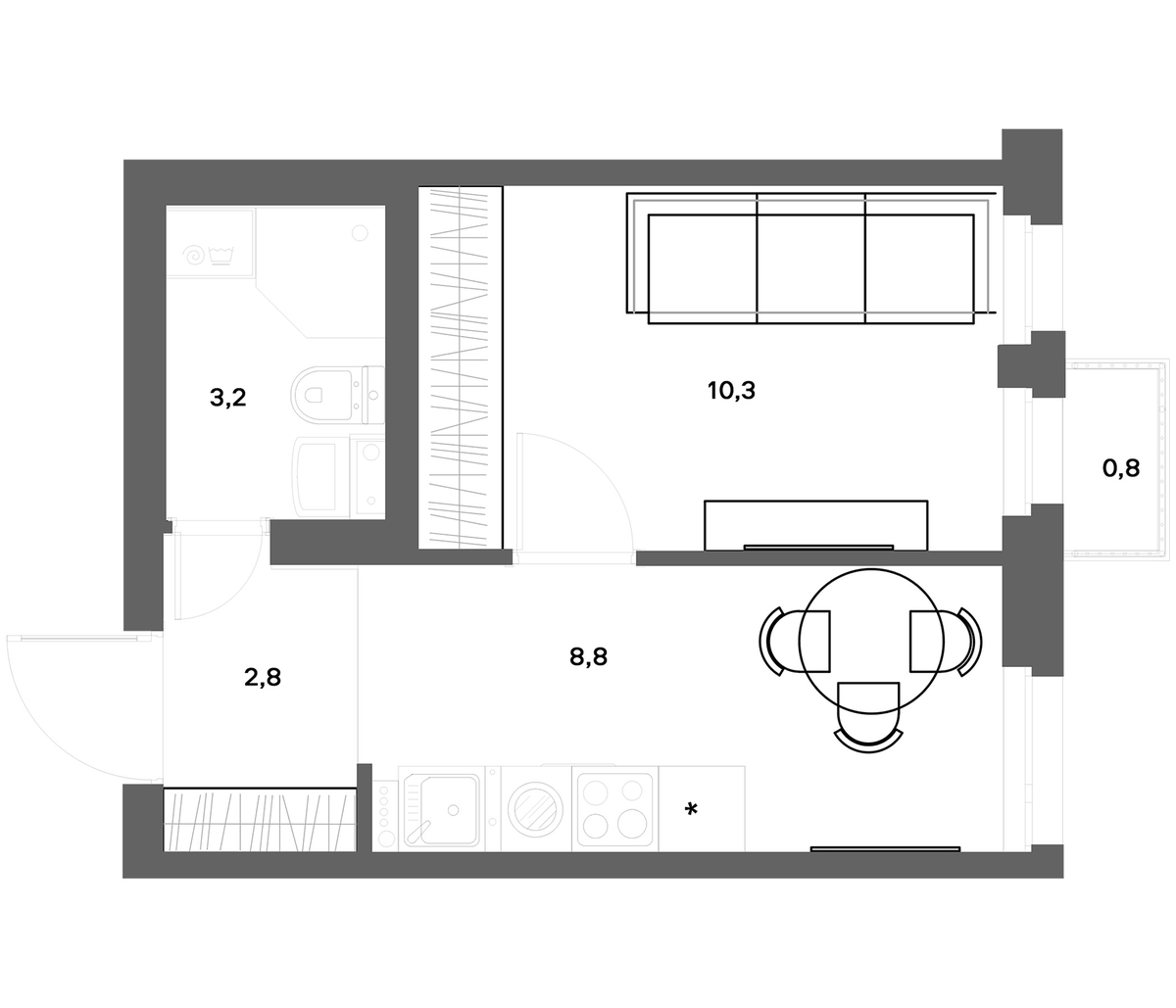 Планировка однокомнатная 25.34 м² в ЖК «ЭкоКвартал НЕГА», корпус 1