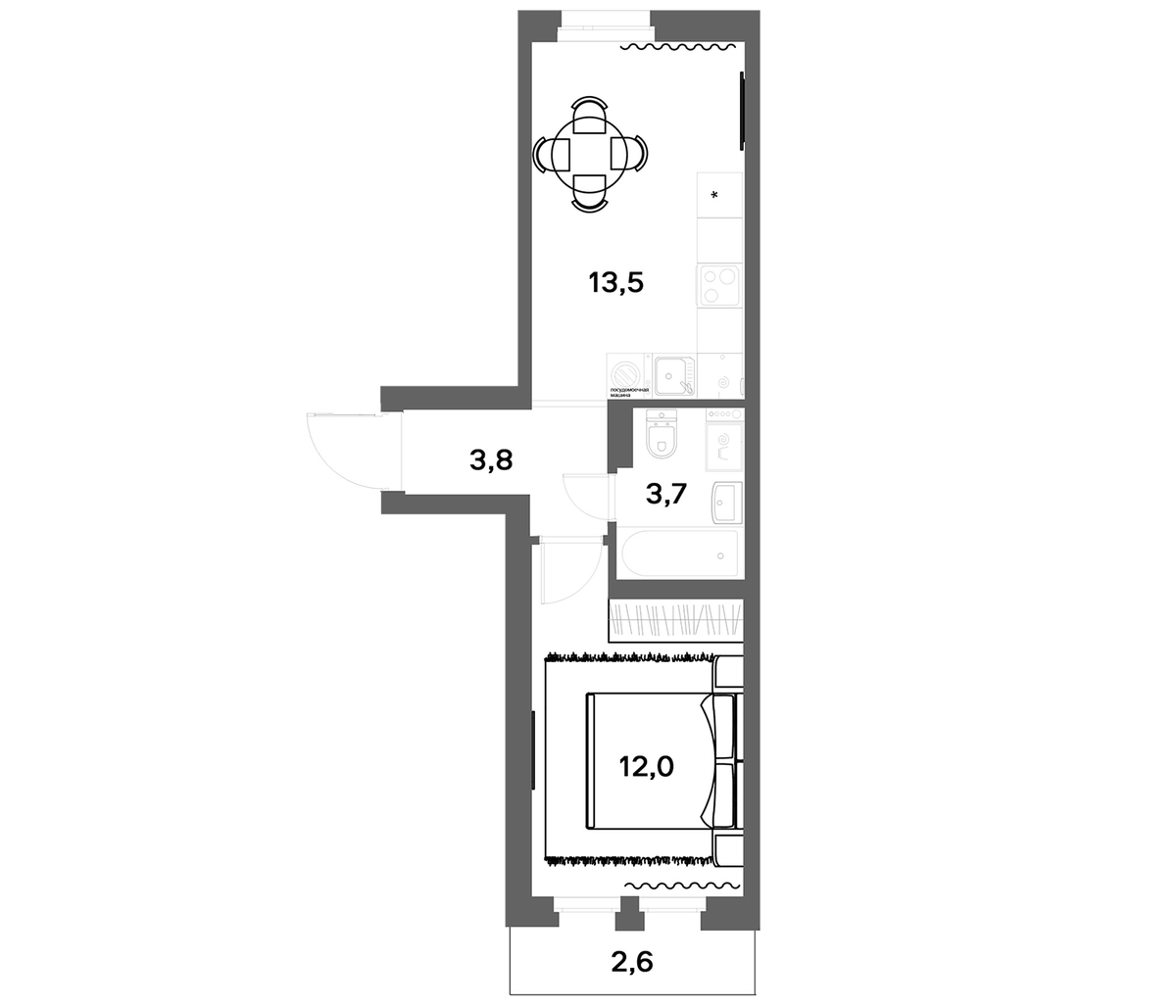 Планировка однокомнатная 33.78 м² в ЖК «ЭкоКвартал НЕГА», корпус 1
