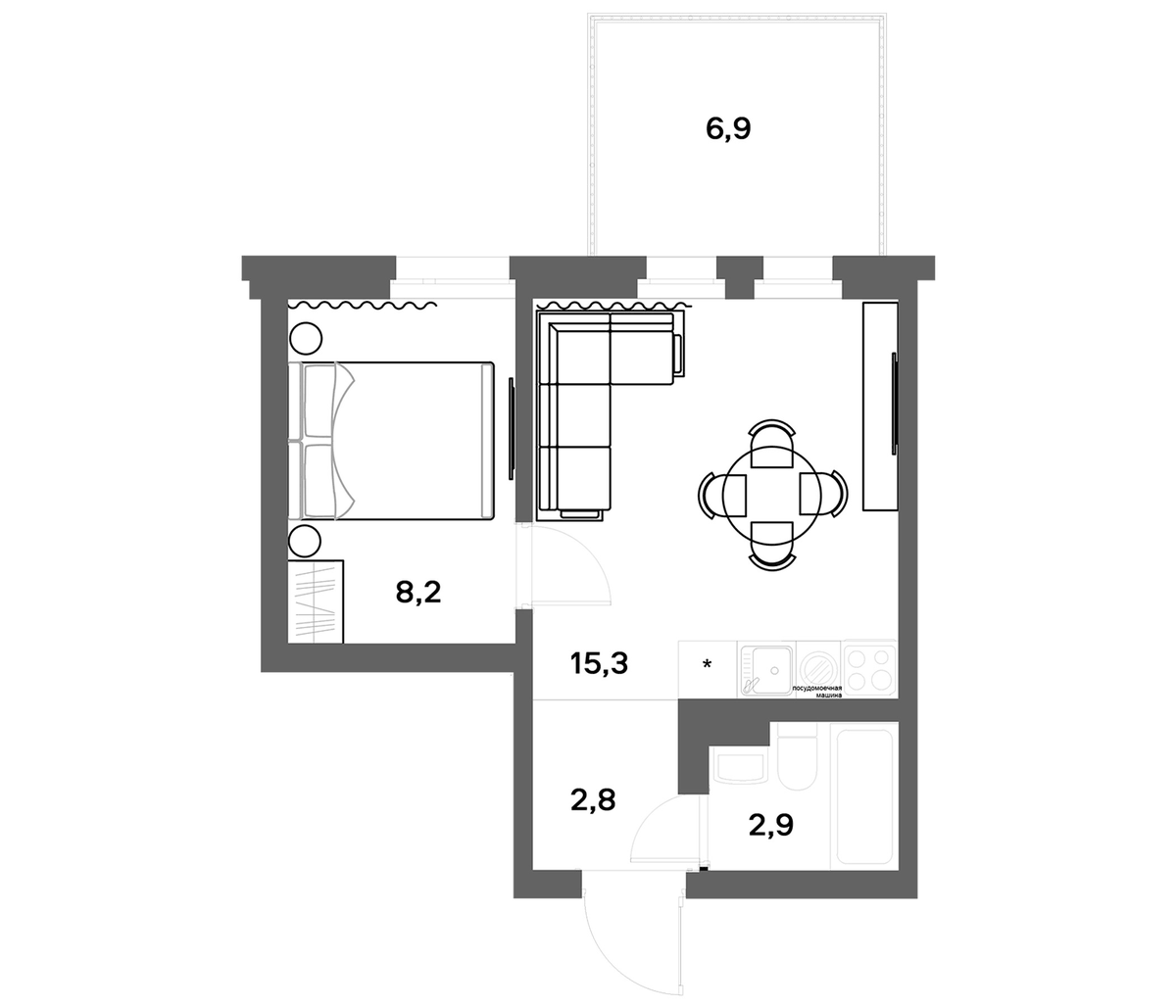 Планировка евродвушка (2Е) 31.27 м² в ЖК «ЭкоКвартал НЕГА», корпус 1