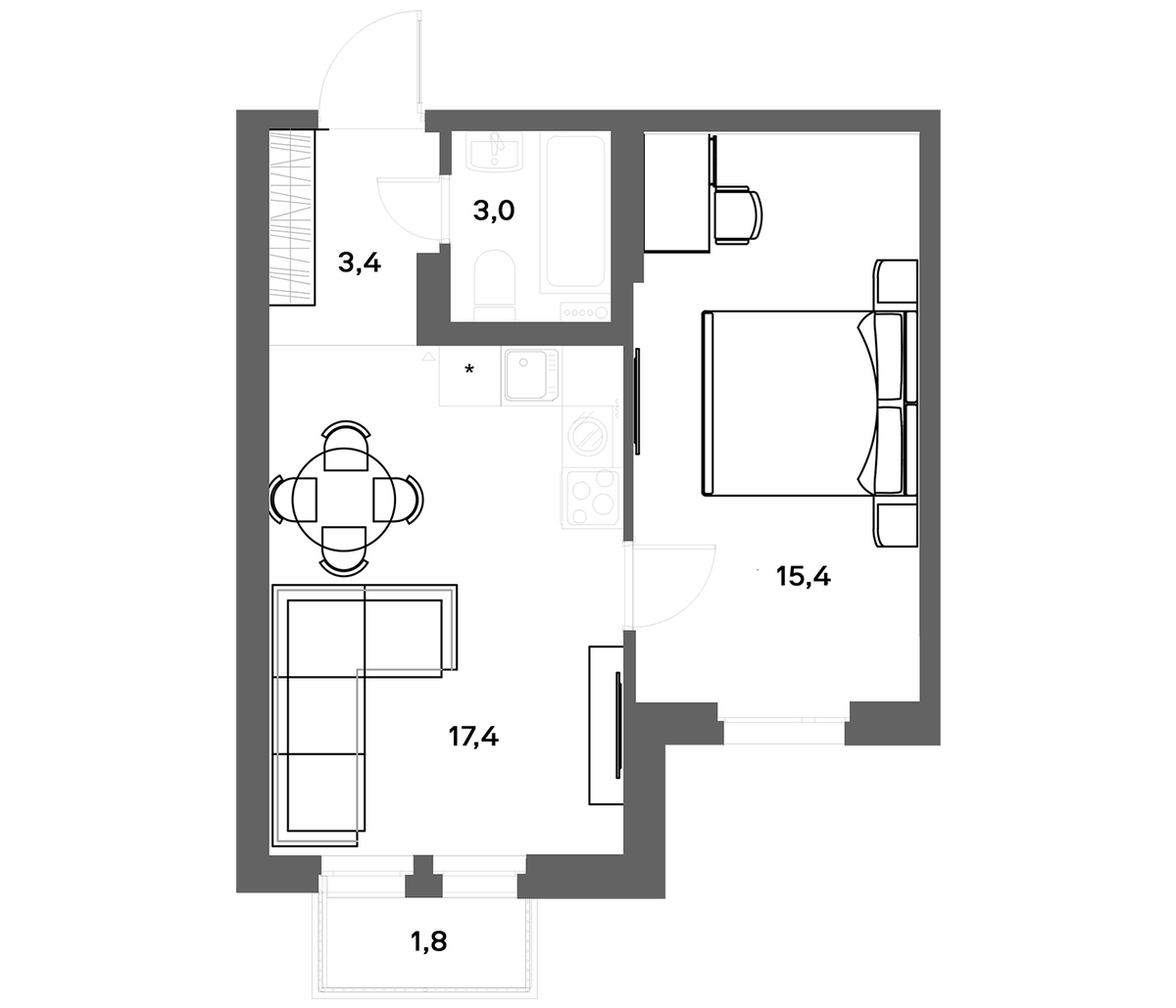 Планировка евродвушка (2Е) 39.74 м² в ЖК «ЭкоКвартал НЕГА», корпус 1