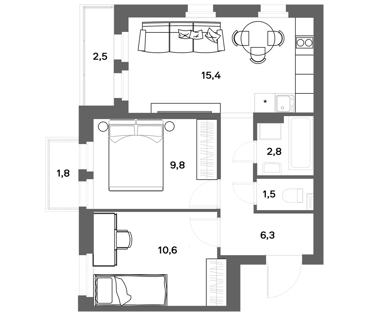 Планировка двухкомнатная 47.69 м² в ЖК «ЭкоКвартал НЕГА», корпус 1