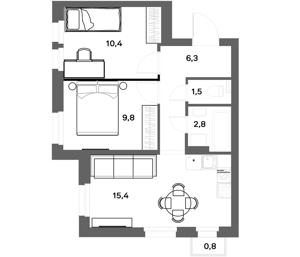 Планировка евротрёшка (3Е) 46.44 м² в ЖК «ЭкоКвартал НЕГА», корпус 1