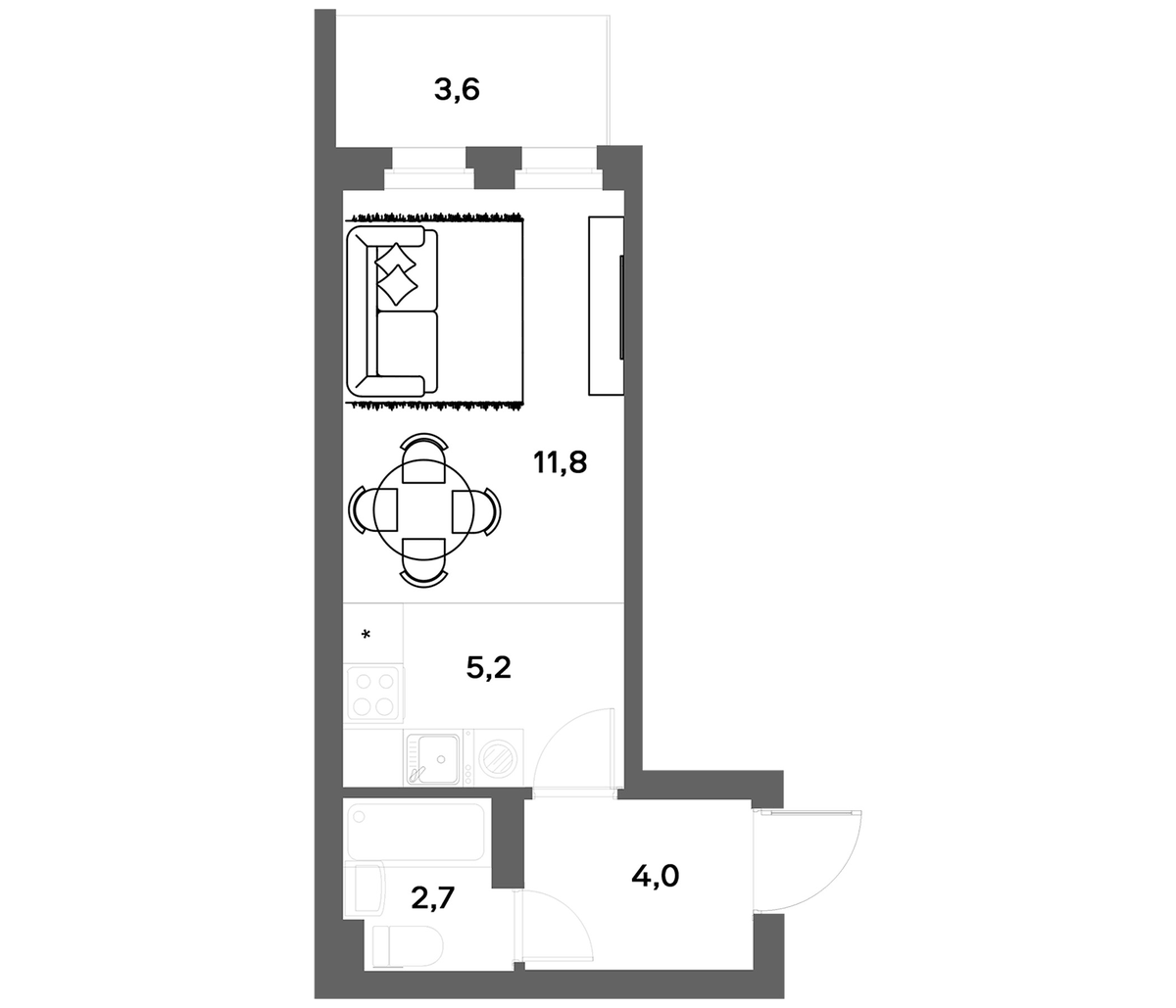 Планировка Студии 24.78 м² в ЖК «ЭкоКвартал НЕГА», корпус 1