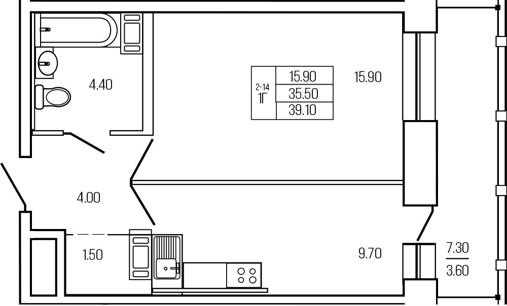 Планировка однокомнатная 39.1 м² в ЖК «Экос», корпус 1