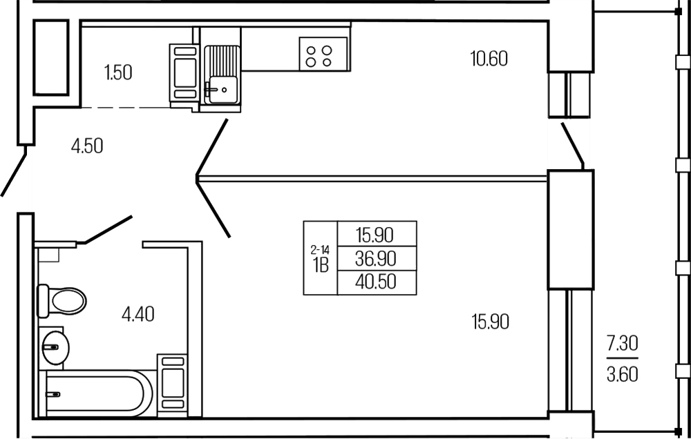 Планировка однокомнатная 41.5 м² в ЖК «Экос», корпус 1