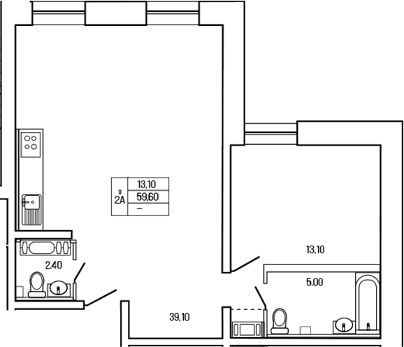 Планировка евродвушка (2Е) 58.57 м² в ЖК «Экос», корпус 1