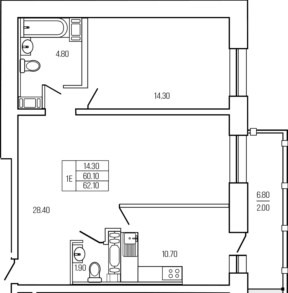 Планировка двухкомнатная 63.9 м² в ЖК «Экос», корпус 1