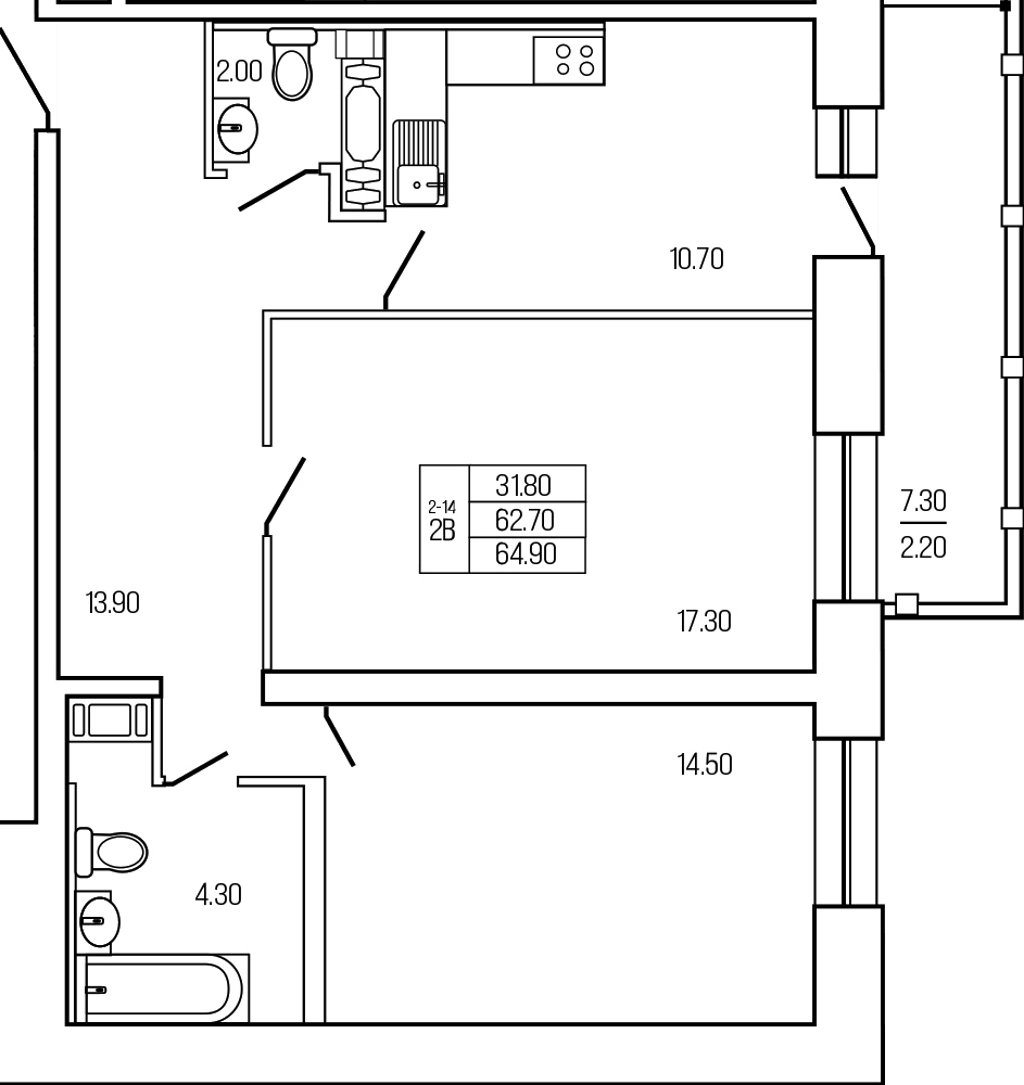 Планировка двухкомнатная 66.4 м² в ЖК «Экос», корпус 1