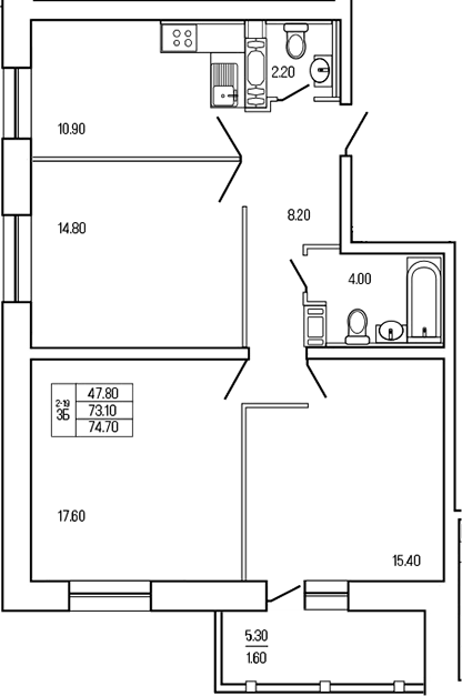 Планировка трёхкомнатная 74.7 м² в ЖК «Экос», корпус 1