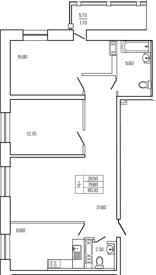 Планировка трёхкомнатная 80.3 м² в ЖК «Экос», корпус 1