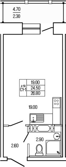 Планировка Студии 26.8 м² в ЖК «Экос», корпус 1