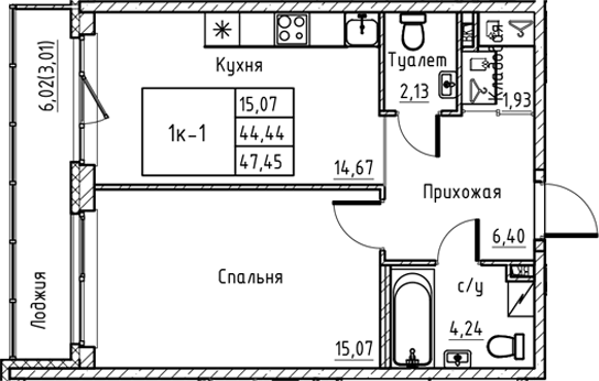 Планировка однокомнатная 47.45 м² в ЖК «Энфилд», корпус 21