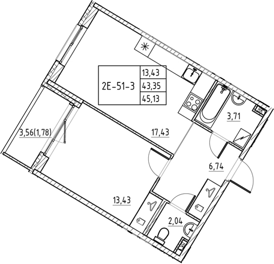 Планировка евродвушка (2Е) 45.13 м² в ЖК «Энфилд», корпус 18