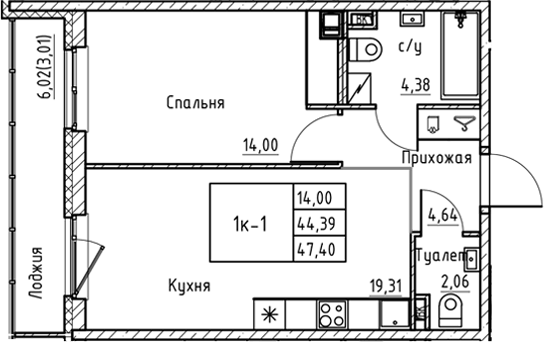 Планировка евродвушка (2Е) 47.4 м² в ЖК «Энфилд», корпус 21