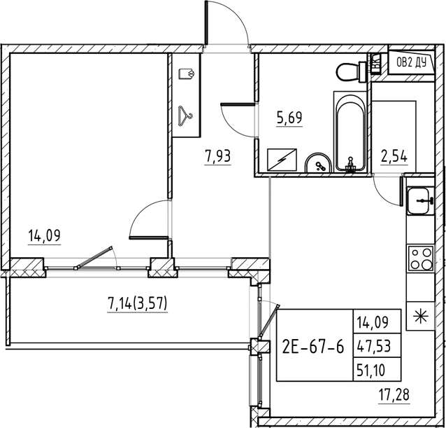 Планировка евродвушка (2Е) 51.1 м² в ЖК «Энфилд», корпус 18