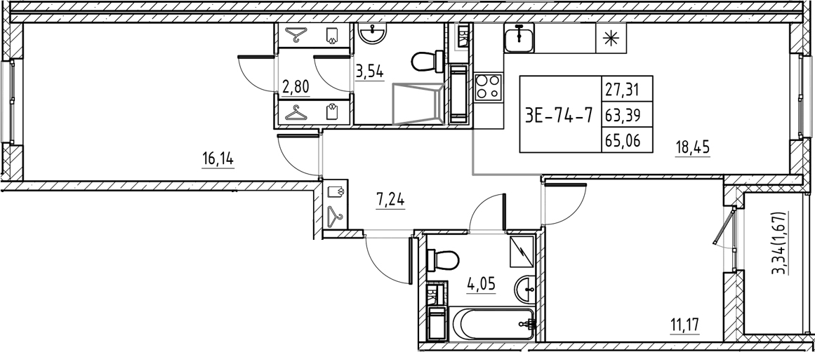 Планировка евротрёшка (3Е) 65.06 м² в ЖК «Энфилд», корпус 18