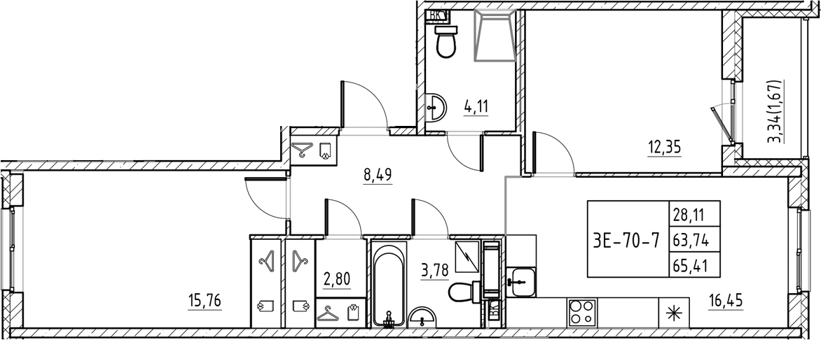 Планировка евротрёшка (3Е) 65.41 м² в ЖК «Энфилд», корпус 18