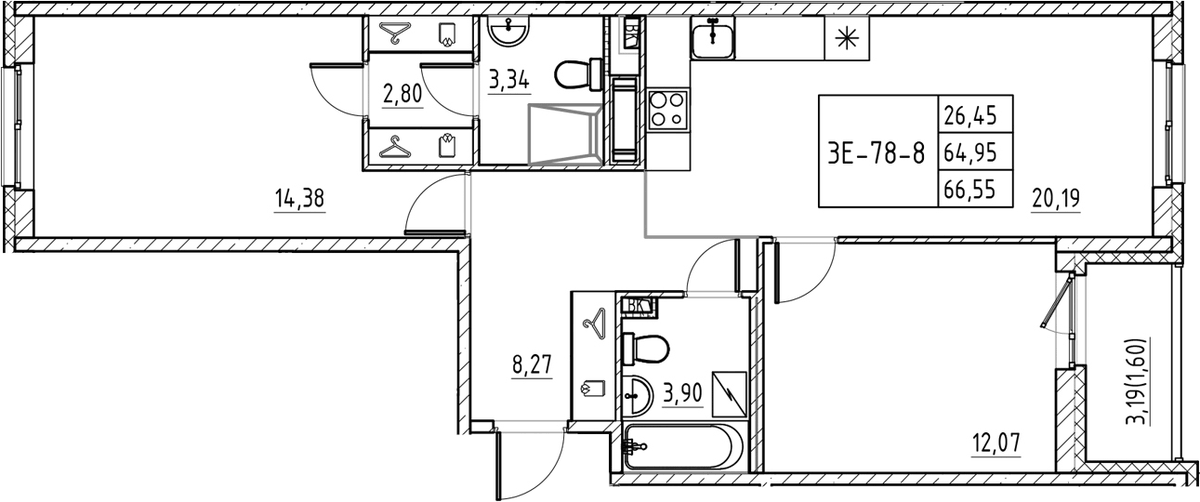 Планировка евротрёшка (3Е) 66.55 м² в ЖК «Энфилд», корпус 18