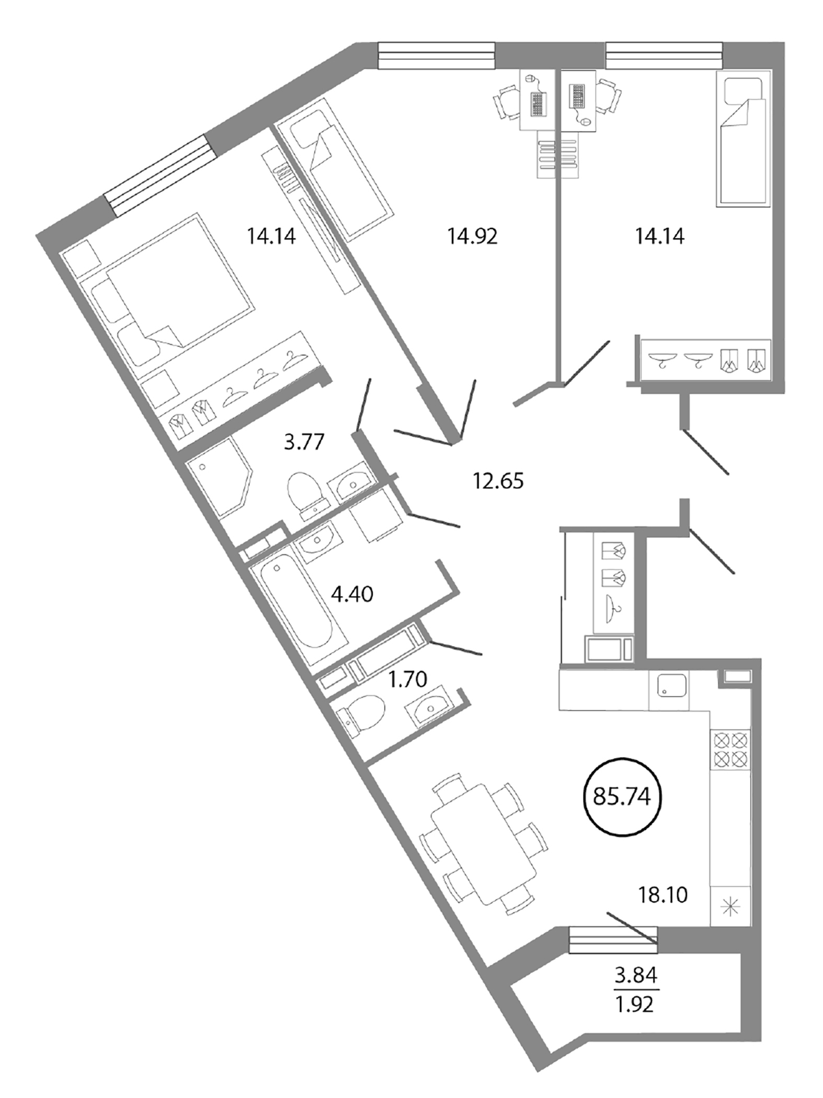 Планировка евро-4 (4Е) 85.74 м² в ЖК «Энфилд», корпус 18