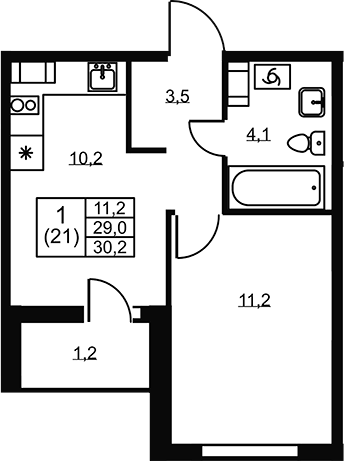 Планировка однокомнатная 30.2 м² в ЖК «Ермак», корпус 2