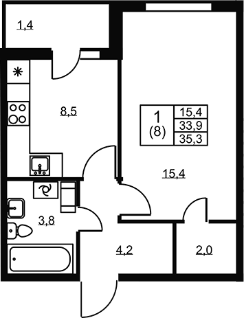 Планировка однокомнатная 35.3 м² в ЖК «Ермак», корпус 2