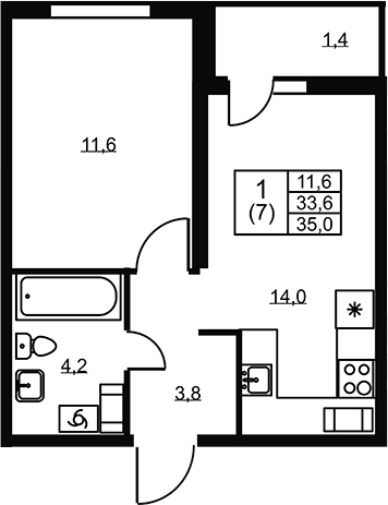 Планировка однокомнатная 35 м² в ЖК «Ермак», корпус 2