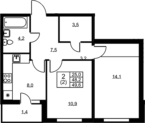Планировка двухкомнатная 49.6 м² в ЖК «Ермак», корпус 2
