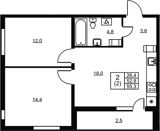 Планировка двухкомнатная 55.3 м² в ЖК «Ермак», корпус 4