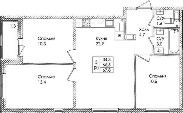 Планировка трёхкомнатная 67.8 м² в ЖК «Ермак», корпус 1