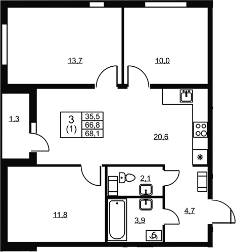Планировка трёхкомнатная 68.1 м² в ЖК «Ермак», корпус 2