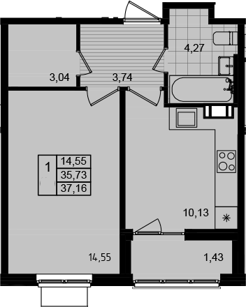 Планировка однокомнатная 37.16 м² в ЖК «Этала», корпус 1