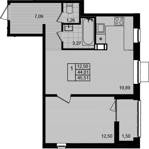 Планировка евродвушка (2Е) 45.51 м² в ЖК «Этала», корпус 1