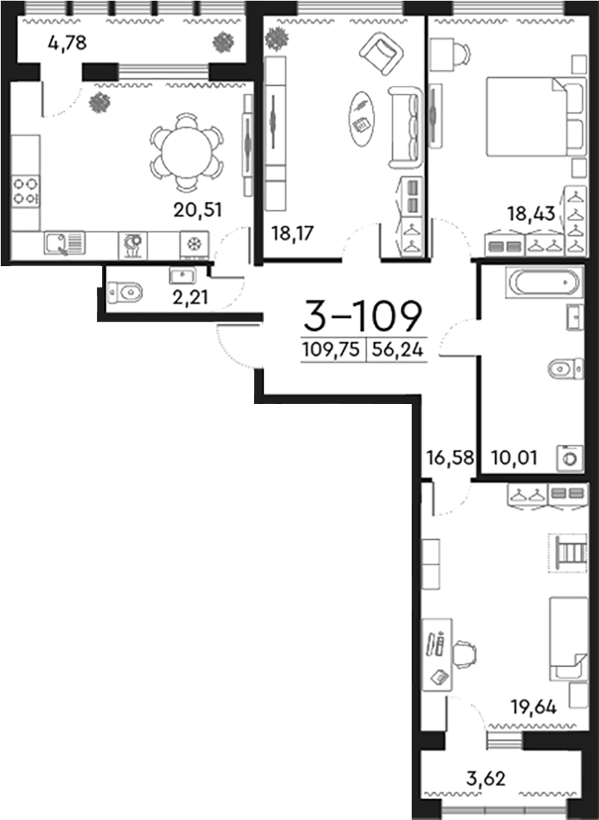 Планировка евро-4 (4Е) 110.1 м² в ЖК «Familia», корпус 3