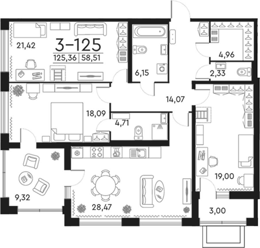 Планировка евро-4 (4Е) 125.7 м² в ЖК «Familia», корпус 3