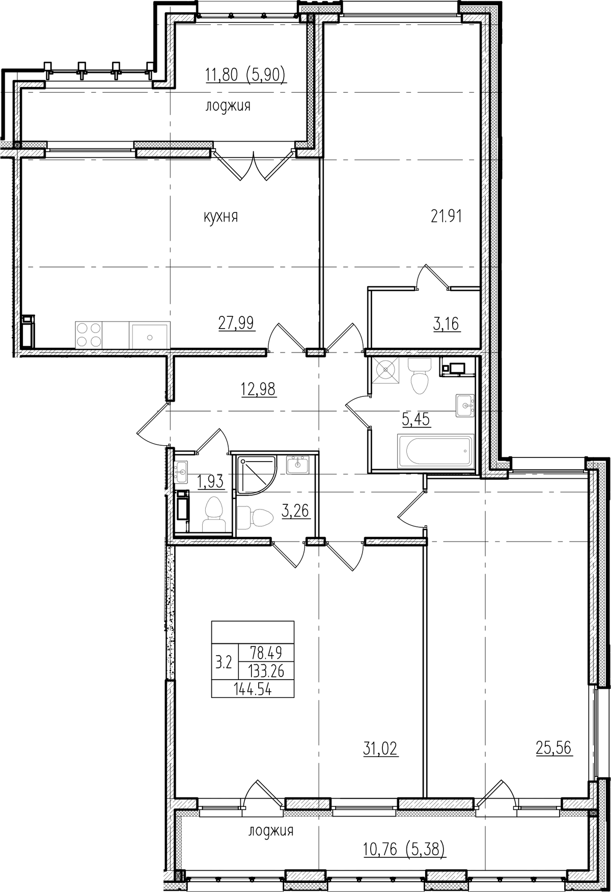 Планировка евро-4 (4Е) 144.1 м² в ЖК «Familia», корпус 2