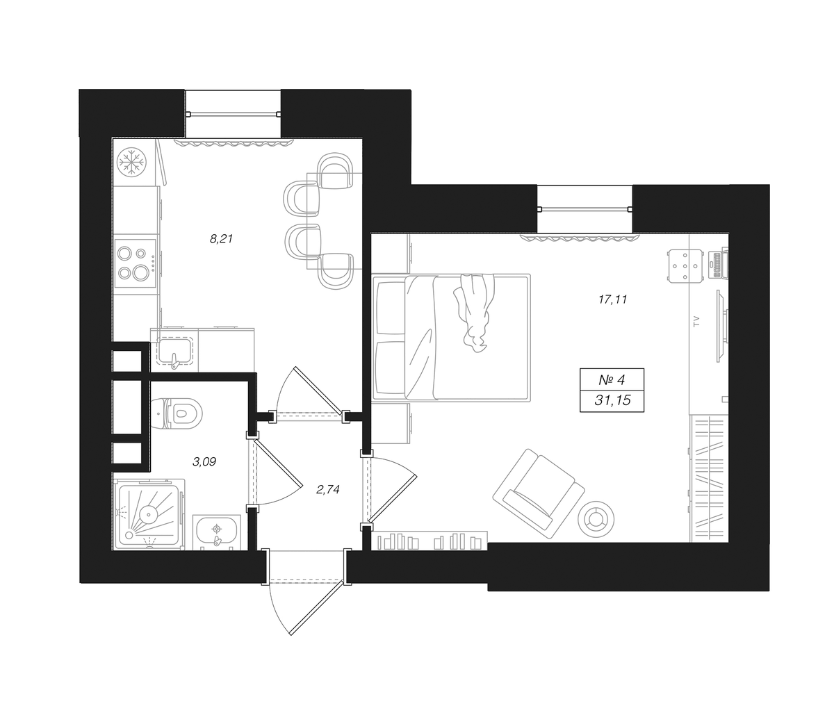 Планировка однокомнатная 31.15 м² в ЖК «Феникс Рощино», корпус 1