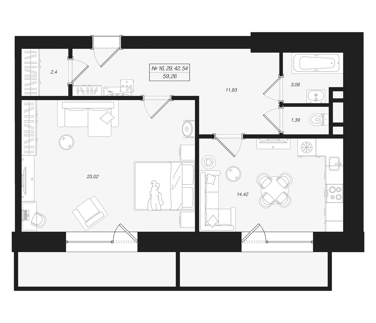Планировка однокомнатная 59.26 м² в ЖК «Феникс Рощино», корпус 1