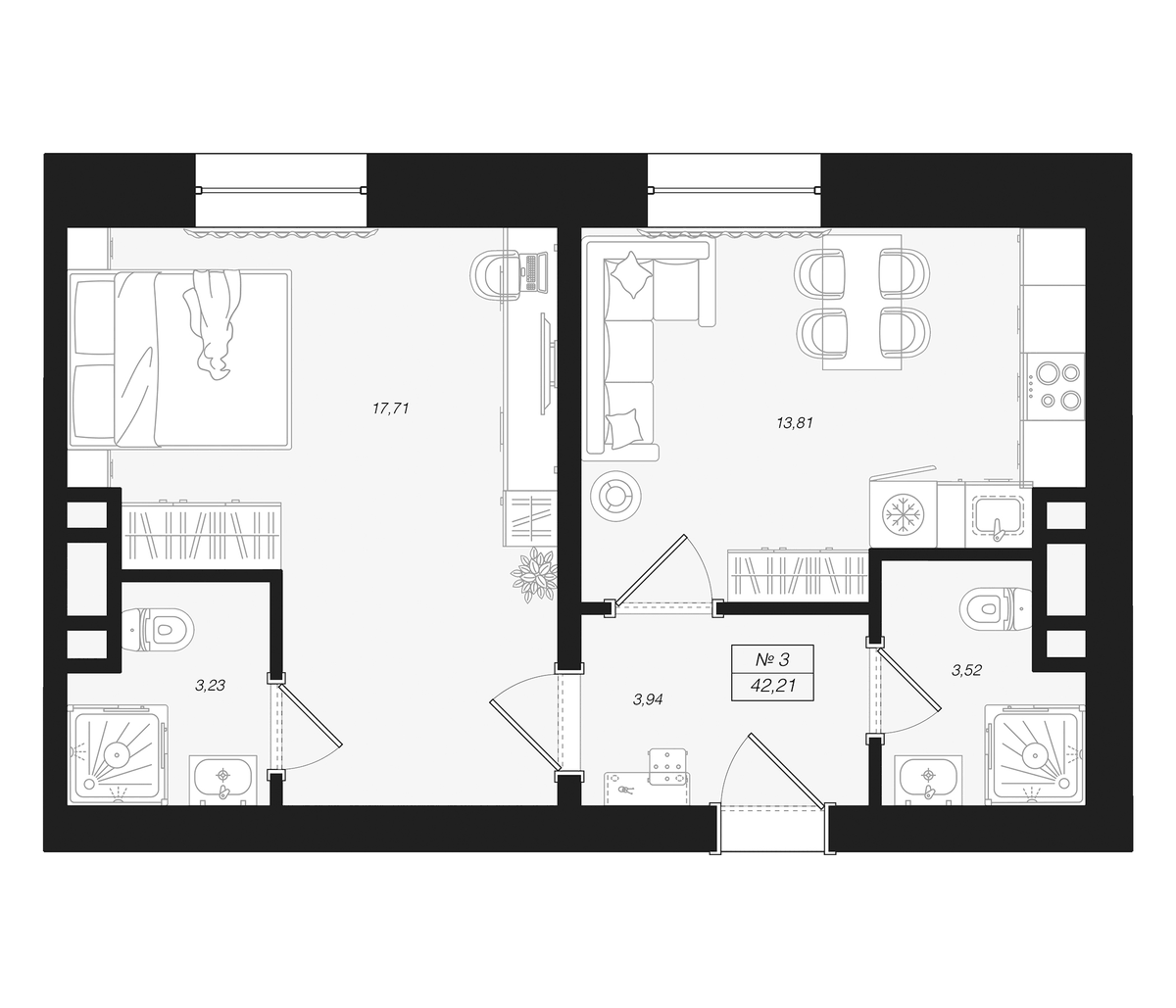 Планировка евродвушка (2Е) 42.21 м² в ЖК «Феникс Рощино», корпус 1